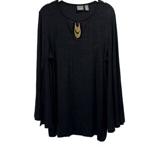 Chicos Travelers Top L Black Gold Metal Slit Bell Long Sleeves Boho Stretch